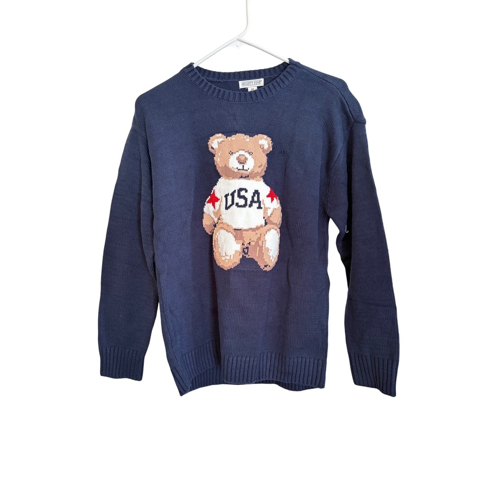 Mighty Fine Navy Blue USA Bear Intarsia Knit Crewneck Medium Sweater NWT